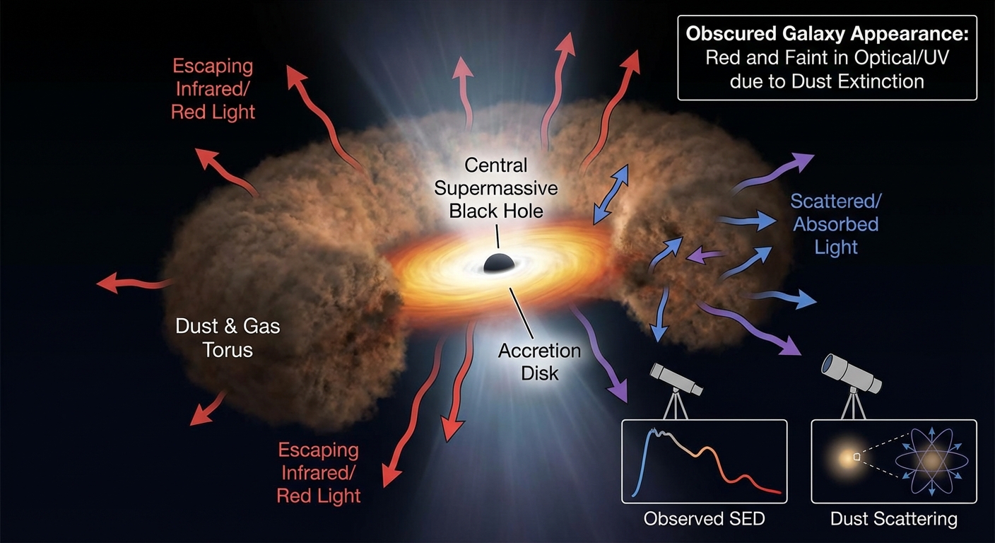Diagram showing how dust cocoon obscures black hole and reddens its light