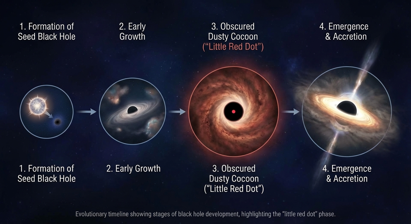 Timeline showing black hole evolution from obscured infant to visible quasar