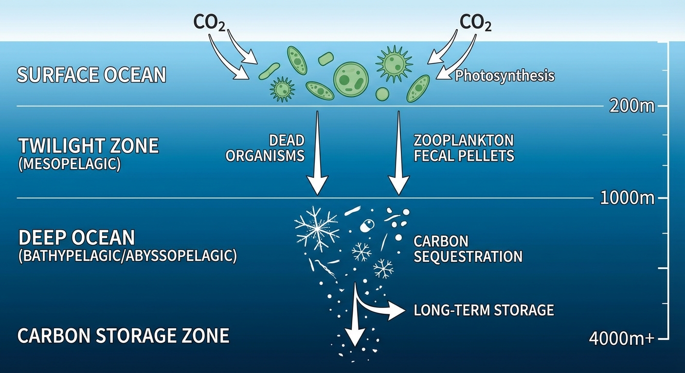 Diagram showing biological carbon pump with phytoplankton sinking to deep ocean