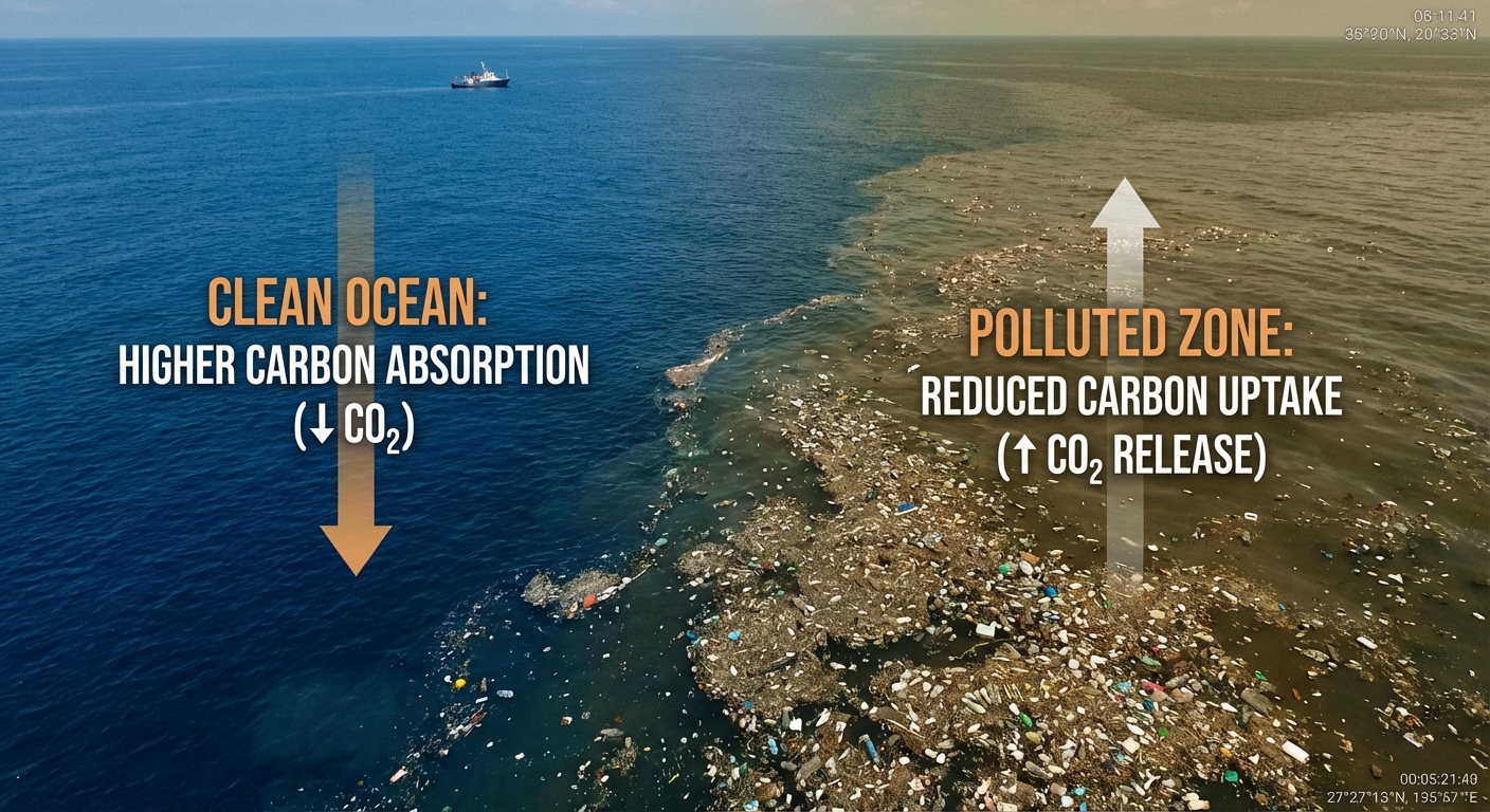 Aerial view of ocean with garbage patch visible alongside healthy blue water