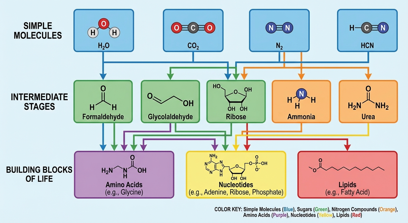 Diagram showing pathway from simple molecules to building blocks of life