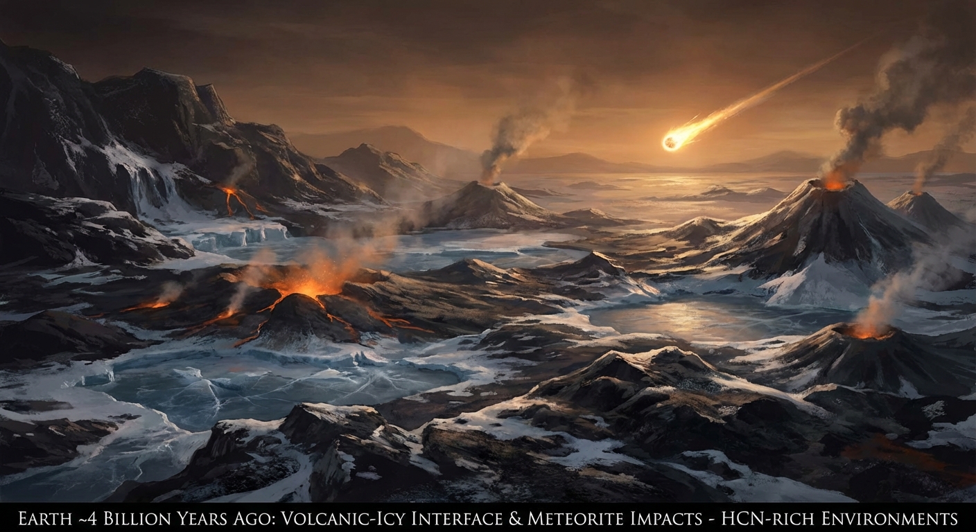 Early Earth landscape showing icy pools with meteorite impact and volcanic activity