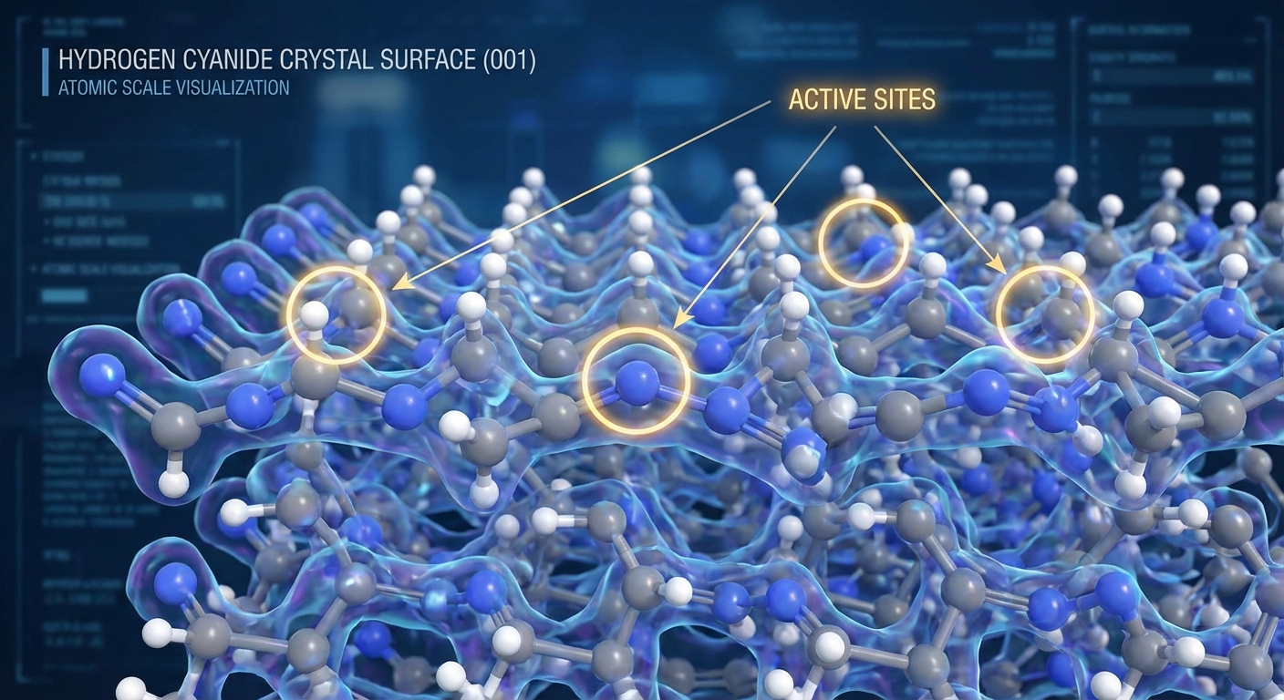 Molecular-level view of HCN crystal surface showing reactive sites