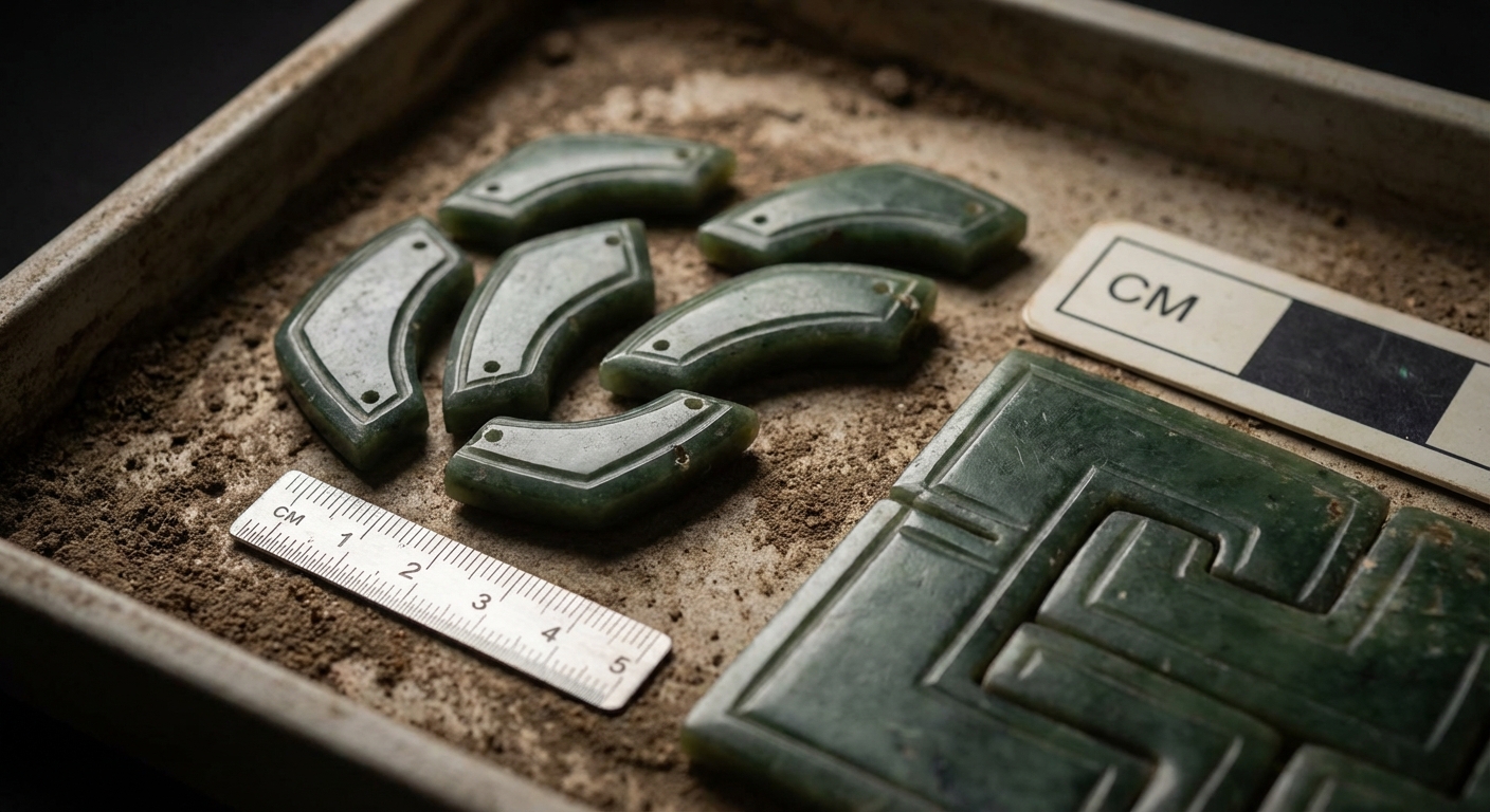 Close-up of jade mask pieces showing intricate carving and fitting of individual elements
