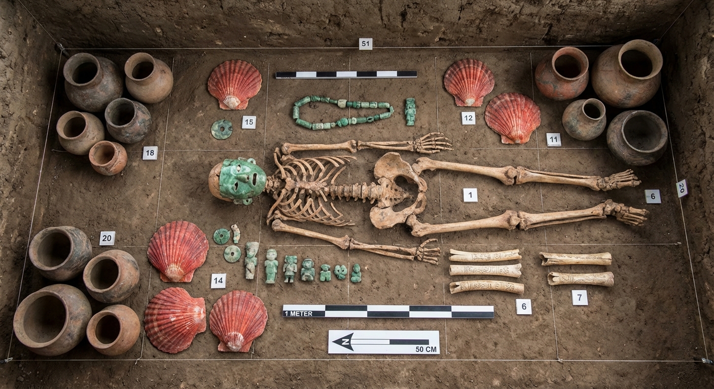 Archaeological layout showing tomb contents including vessels, shells, jade, and carved bones